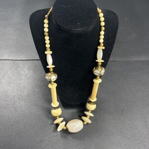 Vintage Chunky 26" Natural Bone Beads With Interspersed Metallic Spacer Necklace